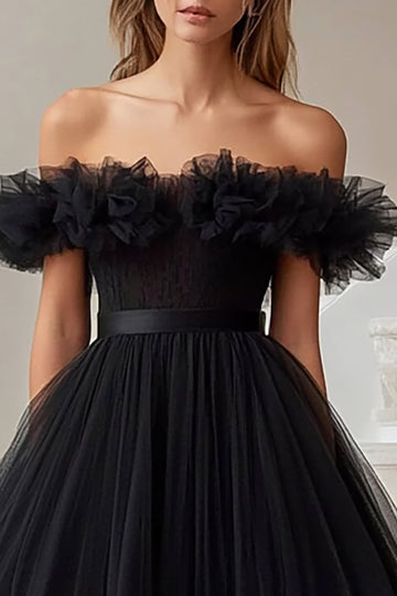 Black Tulle A Line Off the Shoulder High-Low Formal Dress with Ruffles